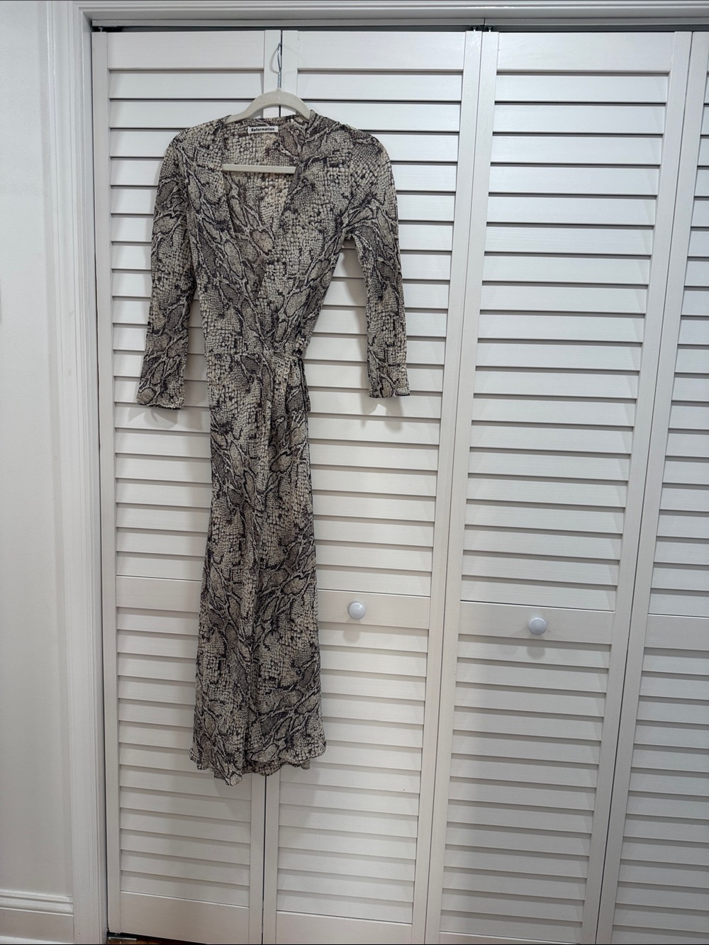 Reformation Beige and Black Snake-Print Wrap Maxi Dress